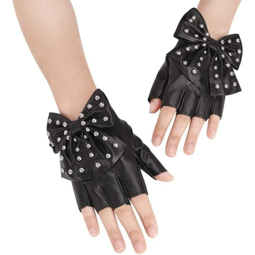 Women's Punk Rock Big Bowknot PU Leather Stage Dance Half Finger Black Gloves